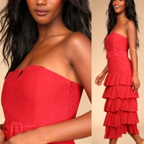 Lulus Women's Strapless Tiered Ruffled Midi Dress Cocktail Party Red Small - Picture 2 of 3
